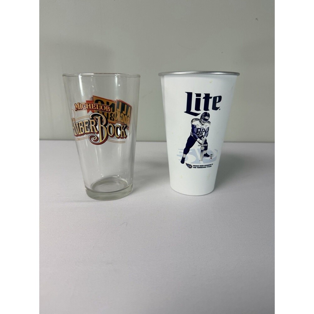 Miller Lite Titans Metal Cup + Michelob AmberBock Pint Glass Beer Barware Set